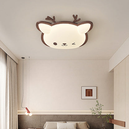 Contemporary Creative Deer Cat Claw Woodgrain LED Flush Mount Ceiling Light For Bedroom