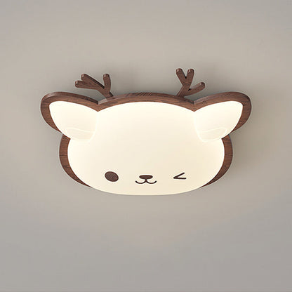 Contemporary Creative Deer Cat Claw Woodgrain LED Flush Mount Ceiling Light For Bedroom