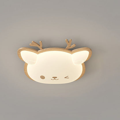 Contemporary Creative Deer Cat Claw Woodgrain LED Flush Mount Ceiling Light For Bedroom