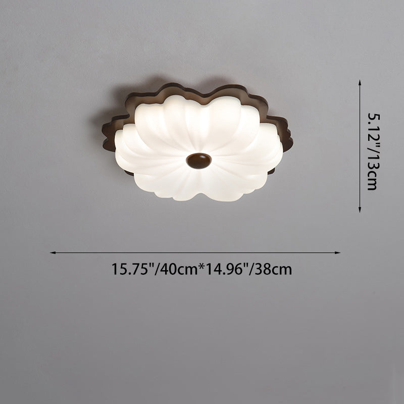 Contemporary Retro Solid Wood Flower PE Shade LED Flush Mount Ceiling Light For Bedroom
