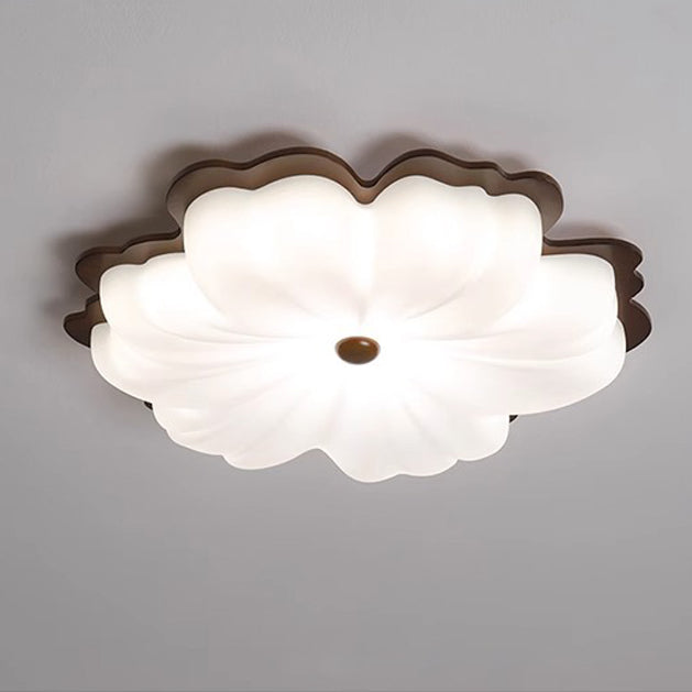 Contemporary Retro Solid Wood Flower PE Shade LED Flush Mount Ceiling Light For Bedroom