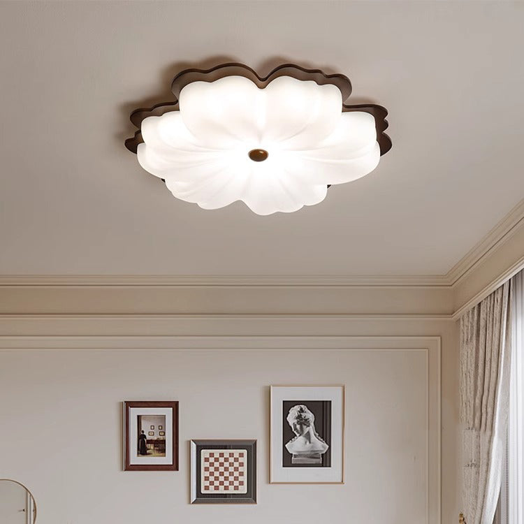 Contemporary Retro Solid Wood Flower PE Shade LED Flush Mount Ceiling Light For Bedroom