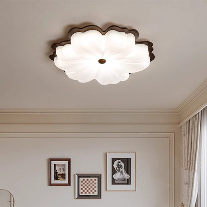 Contemporary Retro Solid Wood Flower PE Shade LED Flush Mount Ceiling Light For Bedroom