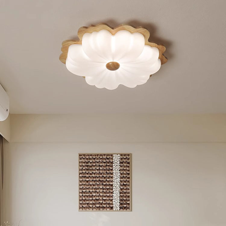 Contemporary Retro Solid Wood Flower PE Shade LED Flush Mount Ceiling Light For Bedroom