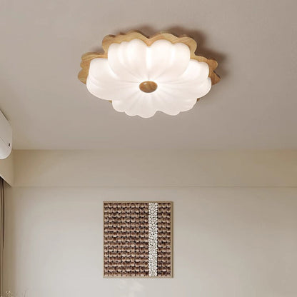 Contemporary Retro Solid Wood Flower PE Shade LED Flush Mount Ceiling Light For Bedroom