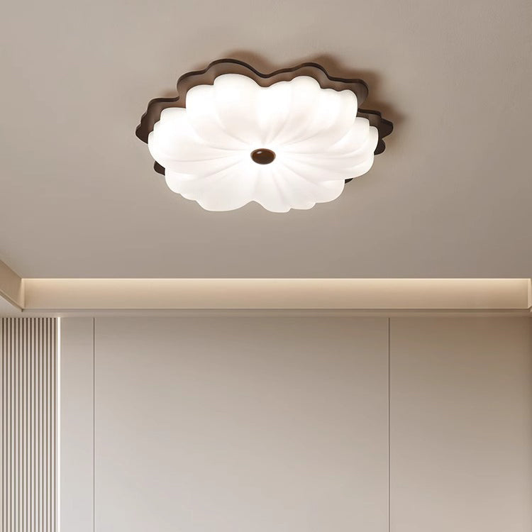 Contemporary Retro Solid Wood Flower PE Shade LED Flush Mount Ceiling Light For Bedroom
