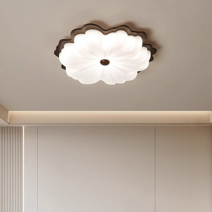 Contemporary Retro Solid Wood Flower PE Shade LED Flush Mount Ceiling Light For Bedroom