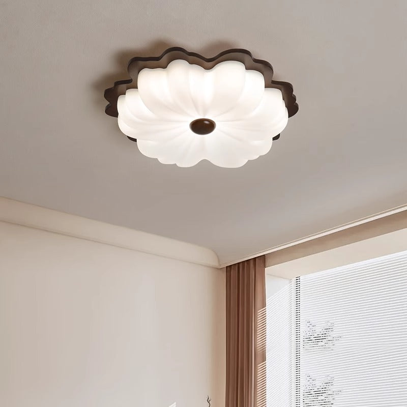 Contemporary Retro Solid Wood Flower PE Shade LED Flush Mount Ceiling Light For Bedroom