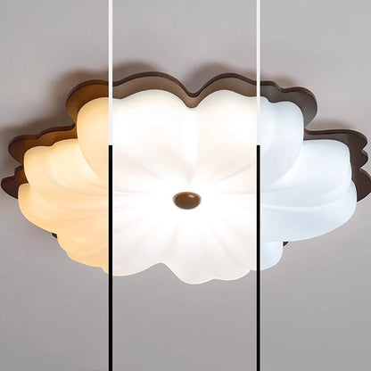 Contemporary Retro Solid Wood Flower PE Shade LED Flush Mount Ceiling Light For Bedroom