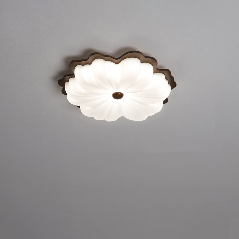 Contemporary Retro Solid Wood Flower PE Shade LED Flush Mount Ceiling Light For Bedroom