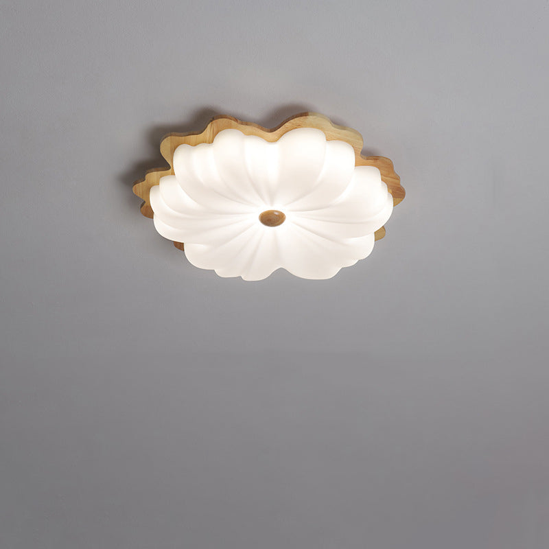 Contemporary Retro Solid Wood Flower PE Shade LED Flush Mount Ceiling Light For Bedroom