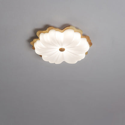 Contemporary Retro Solid Wood Flower PE Shade LED Flush Mount Ceiling Light For Bedroom