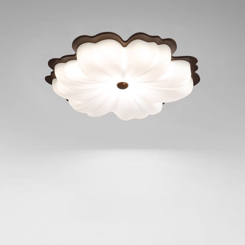 Contemporary Retro Solid Wood Flower PE Shade LED Flush Mount Ceiling Light For Bedroom