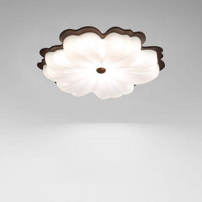 Contemporary Retro Solid Wood Flower PE Shade LED Flush Mount Ceiling Light For Bedroom
