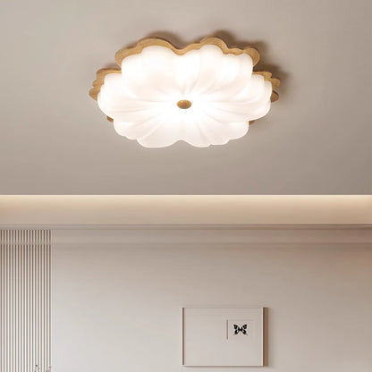 Contemporary Retro Solid Wood Flower PE Shade LED Flush Mount Ceiling Light For Bedroom