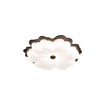 Contemporary Retro Solid Wood Flower PE Shade LED Flush Mount Ceiling Light For Bedroom