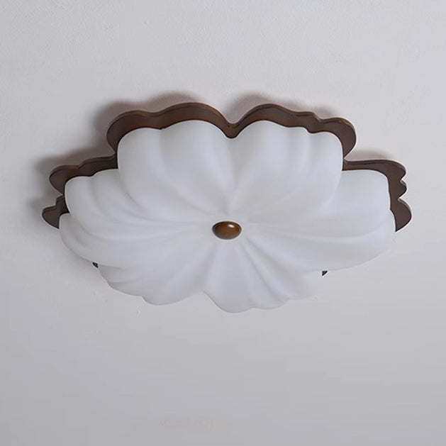 Contemporary Retro Solid Wood Flower PE Shade LED Flush Mount Ceiling Light For Bedroom