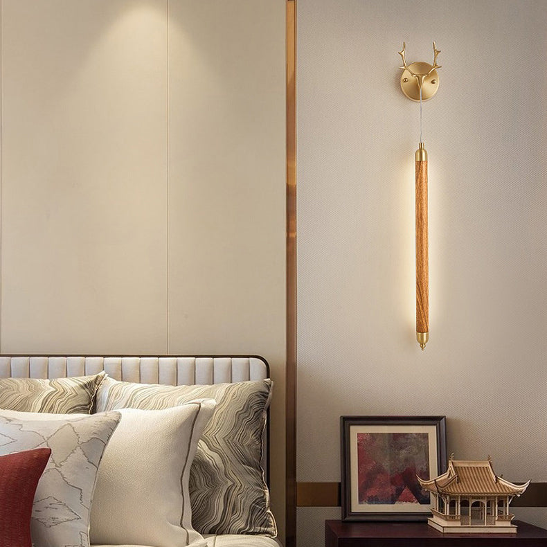 Contemporary Simplicity Full Copper Solid Wood Long Strip LED Wall Sconce Lamp For Living Room