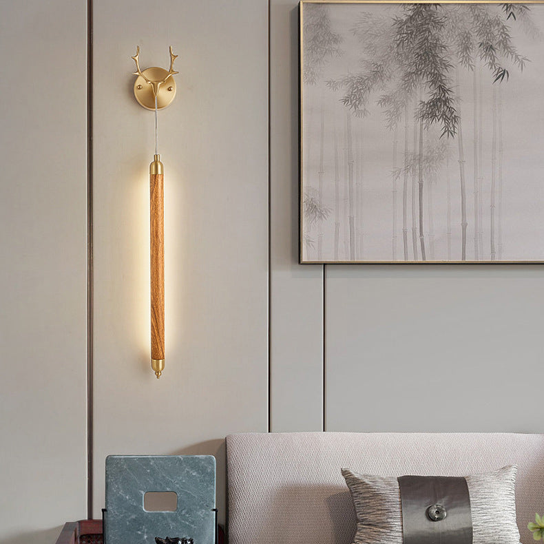 Contemporary Simplicity Full Copper Solid Wood Long Strip LED Wall Sconce Lamp For Living Room