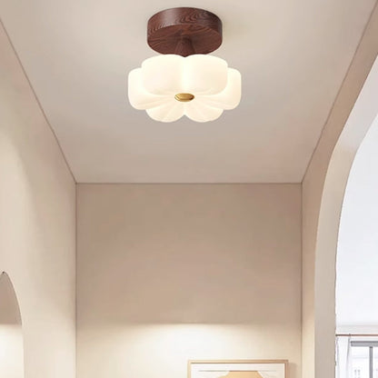 Traditional Vintage Solid Wood Flower PE Shade LED Semi-Flush Mount Ceiling Light For Living Room