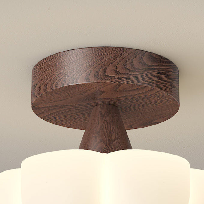Traditional Vintage Solid Wood Flower PE Shade LED Semi-Flush Mount Ceiling Light For Living Room