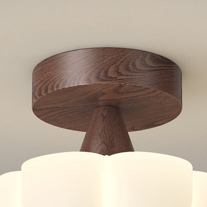 Traditional Vintage Solid Wood Flower PE Shade LED Semi-Flush Mount Ceiling Light For Living Room