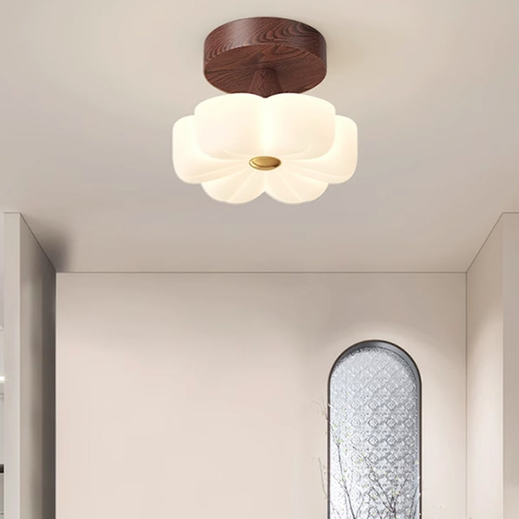 Traditional Vintage Solid Wood Flower PE Shade LED Semi-Flush Mount Ceiling Light For Living Room