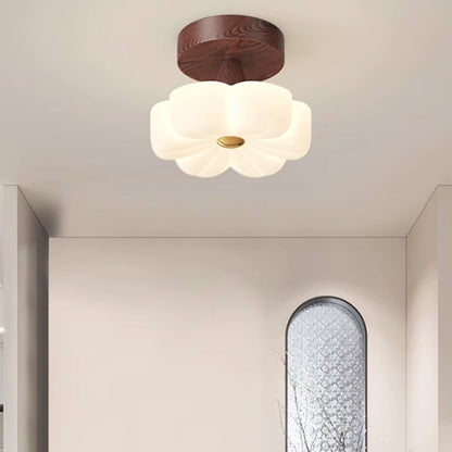 Traditional Vintage Solid Wood Flower PE Shade LED Semi-Flush Mount Ceiling Light For Living Room
