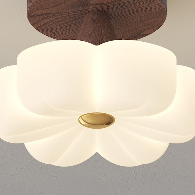 Traditional Vintage Solid Wood Flower PE Shade LED Semi-Flush Mount Ceiling Light For Living Room