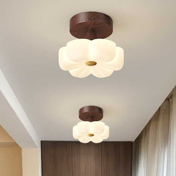 Traditional Vintage Solid Wood Flower PE Shade LED Semi-Flush Mount Ceiling Light For Living Room