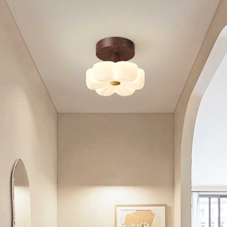 Traditional Vintage Solid Wood Flower PE Shade LED Semi-Flush Mount Ceiling Light For Living Room