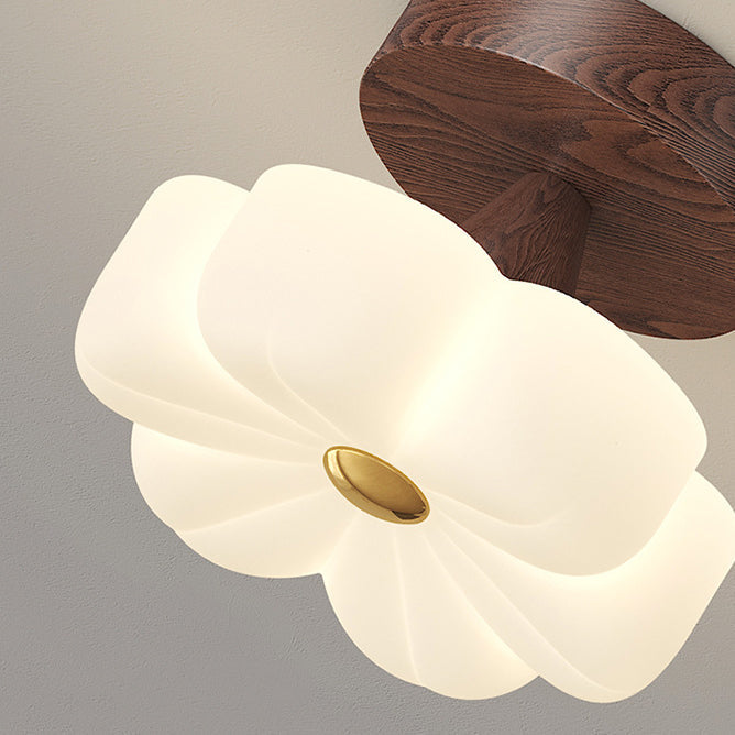 Traditional Vintage Solid Wood Flower PE Shade LED Semi-Flush Mount Ceiling Light For Living Room