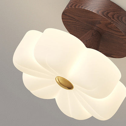 Traditional Vintage Solid Wood Flower PE Shade LED Semi-Flush Mount Ceiling Light For Living Room
