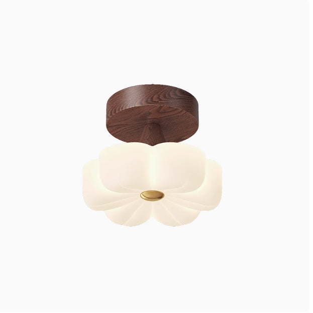 Traditional Vintage Solid Wood Flower PE Shade LED Semi-Flush Mount Ceiling Light For Living Room