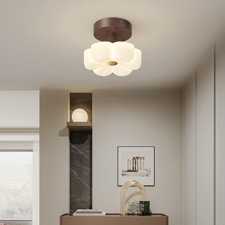 Traditional Vintage Solid Wood Flower PE Shade LED Semi-Flush Mount Ceiling Light For Living Room