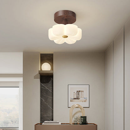 Traditional Vintage Solid Wood Flower PE Shade LED Semi-Flush Mount Ceiling Light For Living Room
