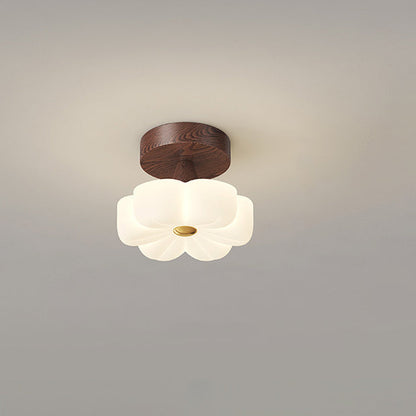 Traditional Vintage Solid Wood Flower PE Shade LED Semi-Flush Mount Ceiling Light For Living Room