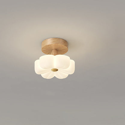Traditional Vintage Solid Wood Flower PE Shade LED Semi-Flush Mount Ceiling Light For Living Room