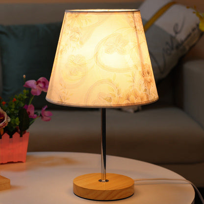 Modern Simplicity Fabric Round Shade Solid Wood 1-Light Table Lamp For Bedroom