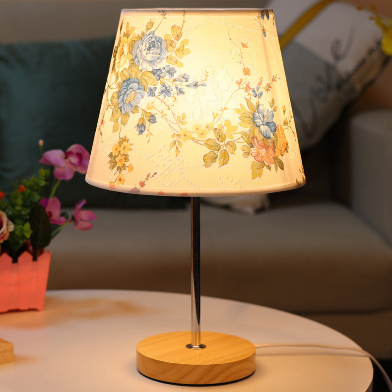 Modern Simplicity Fabric Round Shade Solid Wood 1-Light Table Lamp For Bedroom