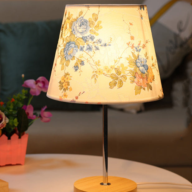 Modern Simplicity Fabric Round Shade Solid Wood 1-Light Table Lamp For Bedroom