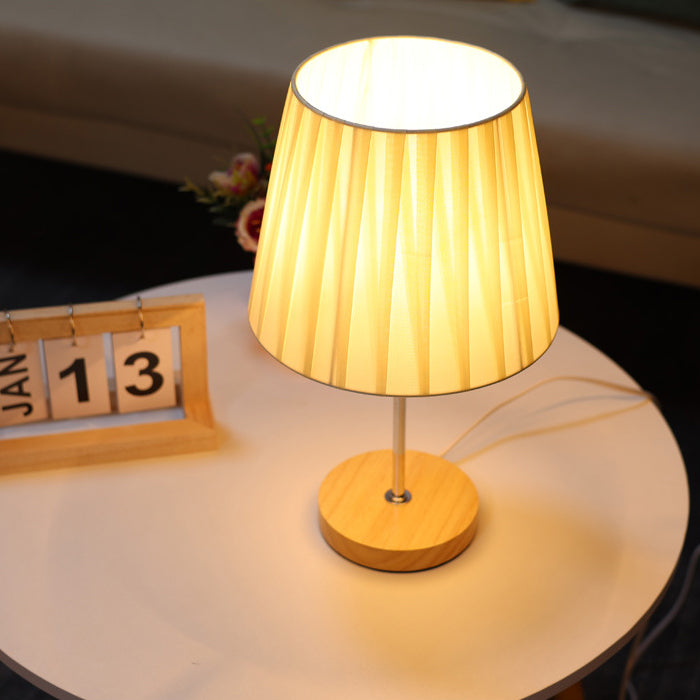 Modern Simplicity Fabric Round Shade Solid Wood 1-Light Table Lamp For Bedroom