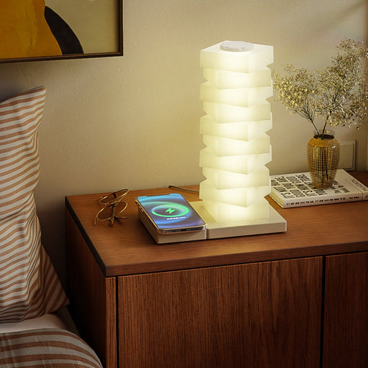 Contemporary Creative Plastic Cube Stacking Wireless Charging USB LED Table Lamp For Bedroom