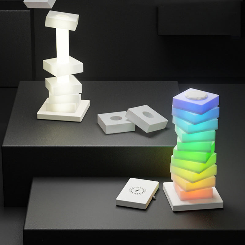 Contemporary Creative Plastic Cube Stacking Wireless Charging USB LED Table Lamp For Bedroom