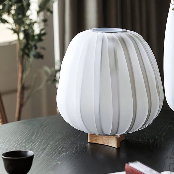 Traditional Japanese Fabric Round Cage Solid Wood 1-Light Table Lamp For Bedroom