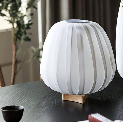 Traditional Japanese Fabric Round Cage Solid Wood 1-Light Table Lamp For Bedroom