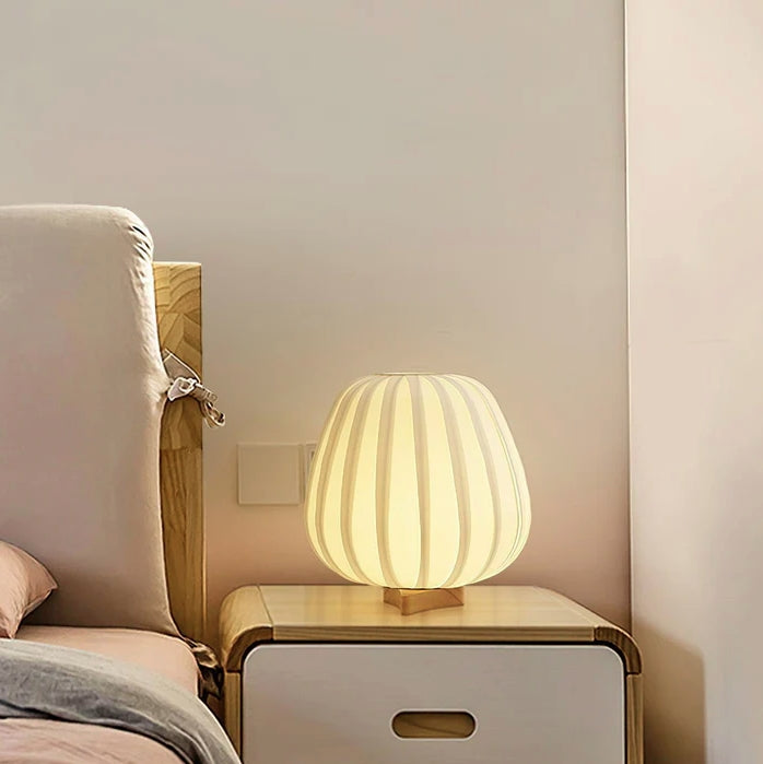 Traditional Japanese Fabric Round Cage Solid Wood 1-Light Table Lamp For Bedroom