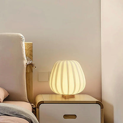 Traditional Japanese Fabric Round Cage Solid Wood 1-Light Table Lamp For Bedroom