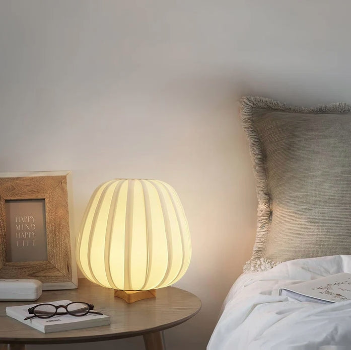 Traditional Japanese Fabric Round Cage Solid Wood 1-Light Table Lamp For Bedroom