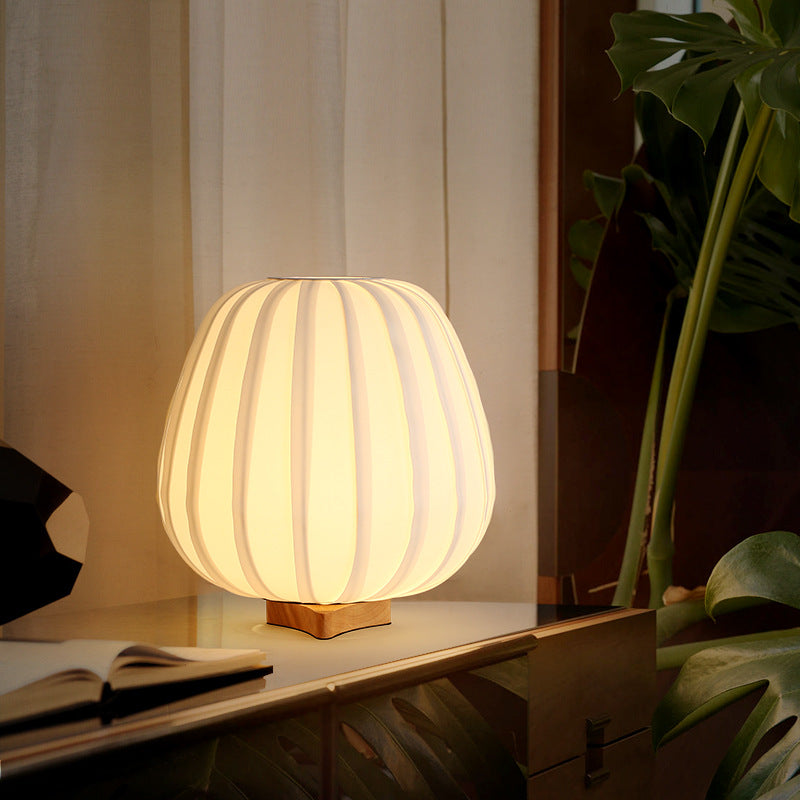 Traditional Japanese Fabric Round Cage Solid Wood 1-Light Table Lamp For Bedroom